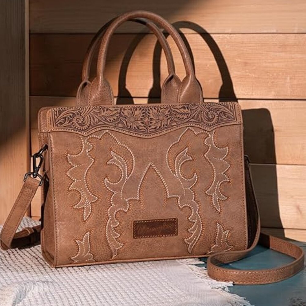 NEW! Women Western Embroidered Boot Scroll Top Handle Handbags-Vintage-khaki